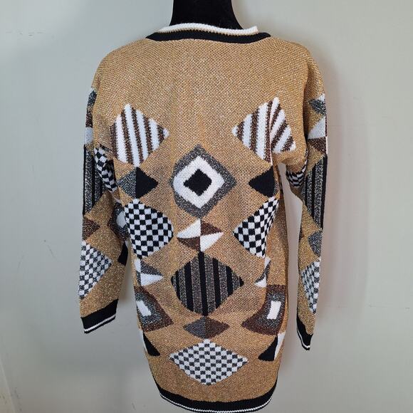 Vintage 80s/90s Gold Metallic Lurex Oversized Geometric Sweater Women Size Small - Picture 4 of 7